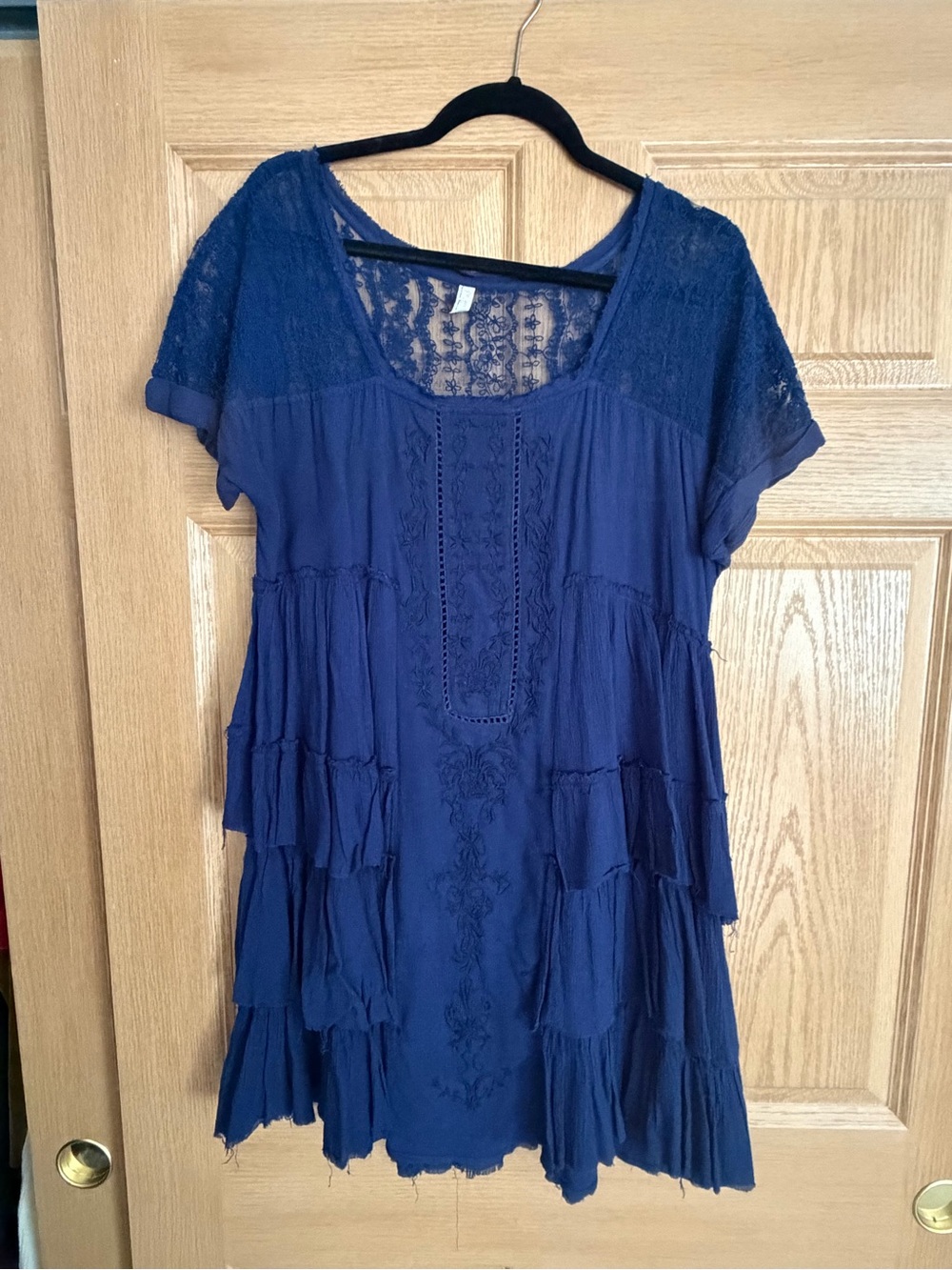 Free People Navy Lace-Trim Tiered Mini Dress